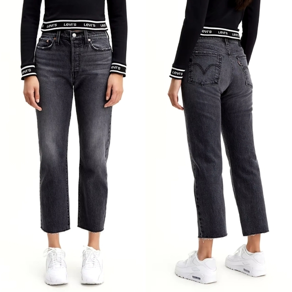 Levi's Wedgie Straight Black Embers faded black cropped raw hem jeans size 26​ - Picture 1 of 15